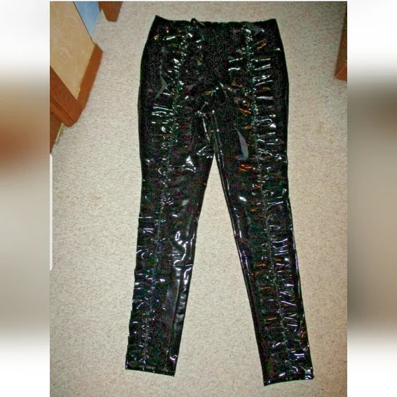 Black Shiny Liquid Ruffle Goth Pleather Witch Sexy Club Unique Leggings 2XL NEW - Picture 3 of 7